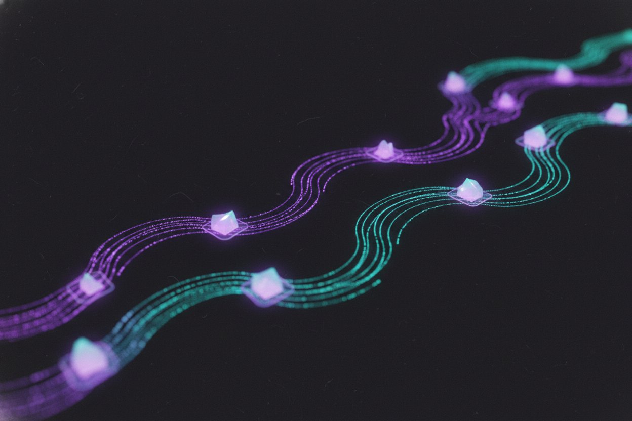 Abstract luminous data flowing along violet-to-cyan paths between glowing waypoints.