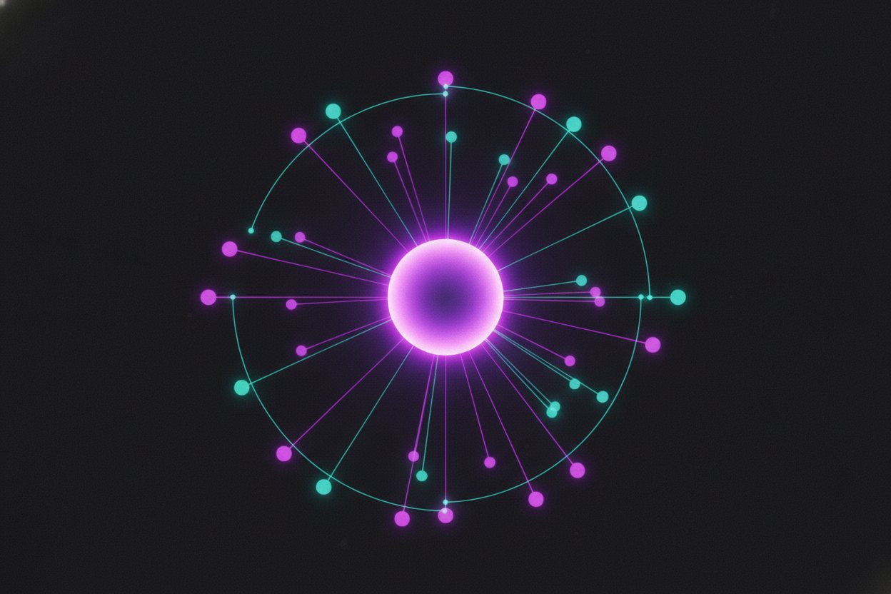 Abstract constellation of glowing connector nodes around a central core.