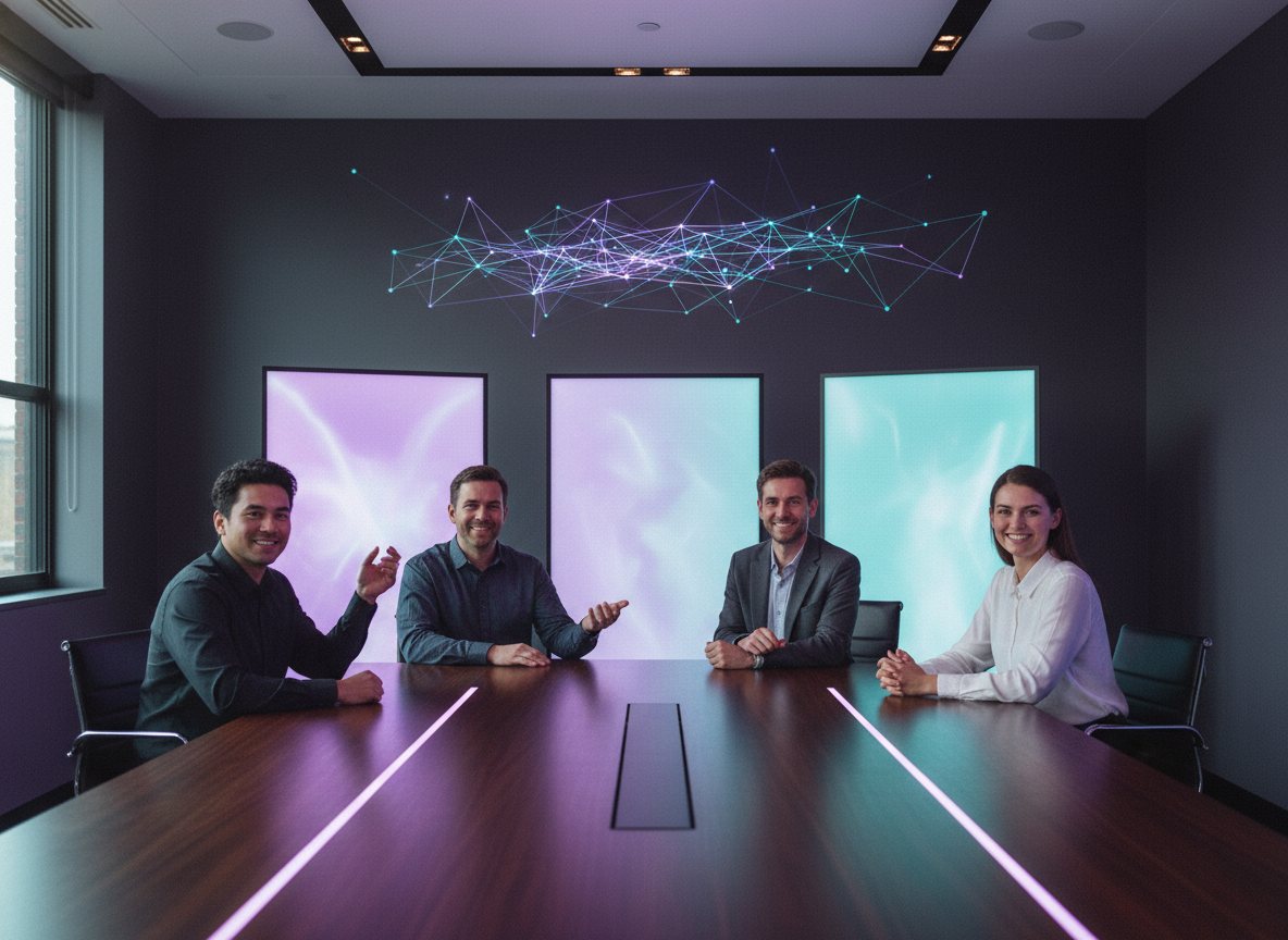 A team working together with subtle AI light in a modern office.